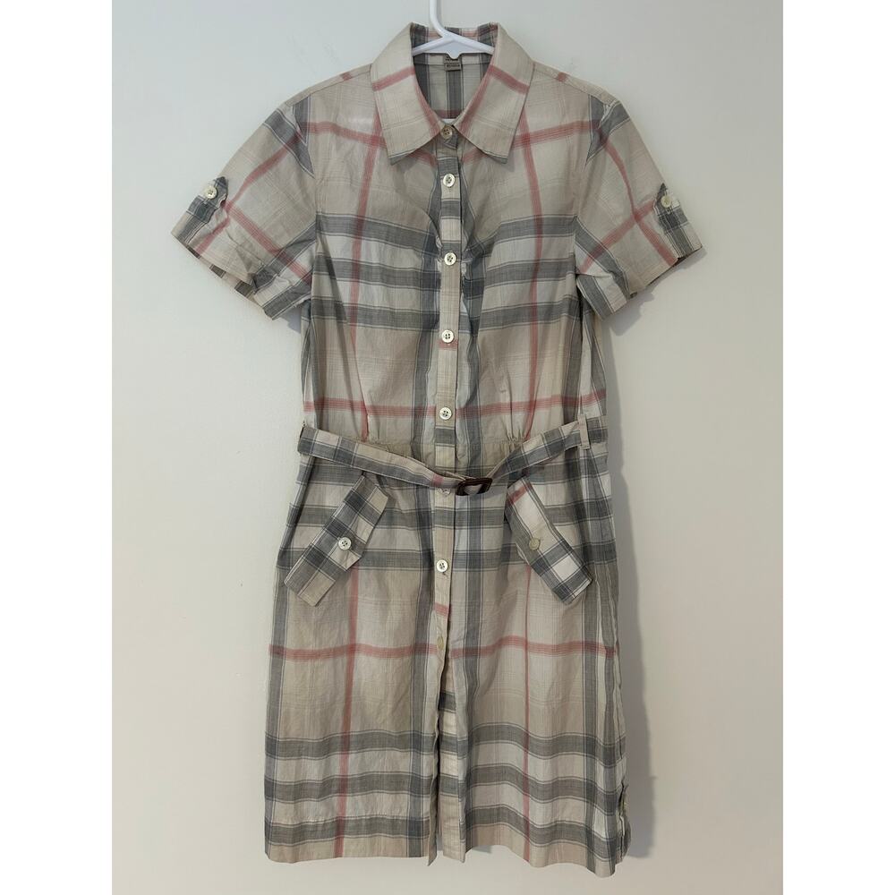 Burberry Nova Check Button Down Plaid Brown Tan Belted Collared Dress EUC 10Y